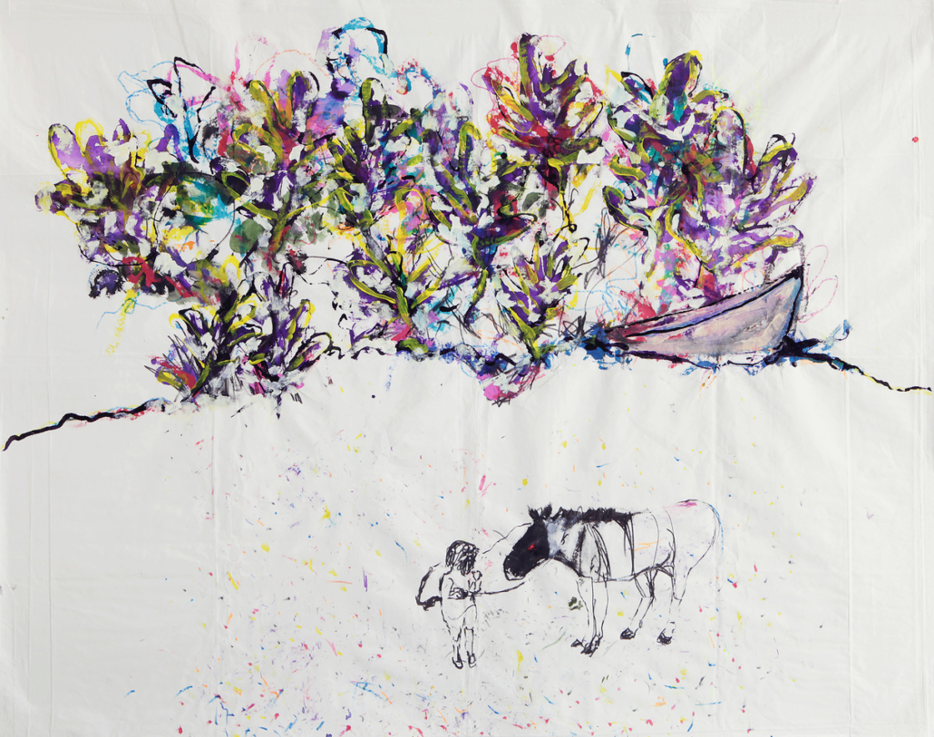 Tischtuchnotizen 2, Mischtechnik auf Papiertischtuch, 115 x 160 cm, 2018 Tischtuchnotizen 2-Mischtechnik auf Papiertischtuch-115 x 160 cm-2018